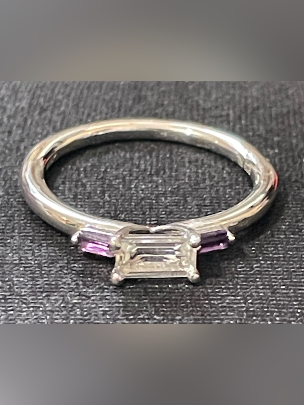 NEW Sterling Silver Emerald-Cut Clear Stone Ring with Purple Side Accents